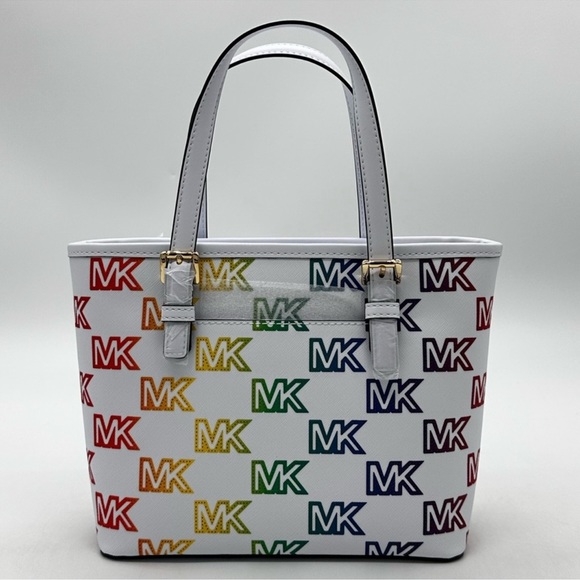 Michael Kors Jet Set Travel Extra-Small Top Zip Tote Bag Rainbow Optic White - Picture 4 of 11